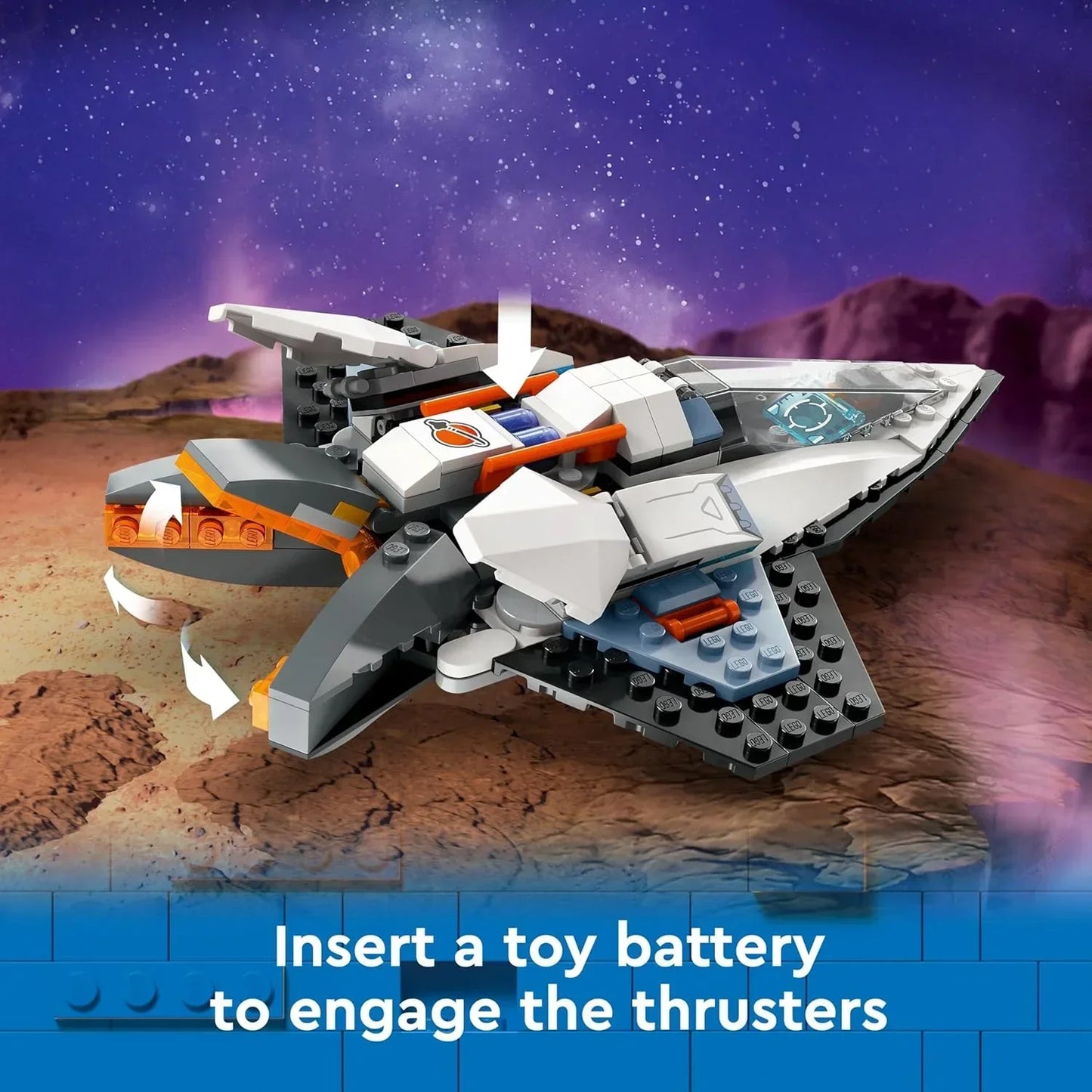 LEGO space shuttle toy with moving thrusters on a Mars-like landscape, starry sky background.