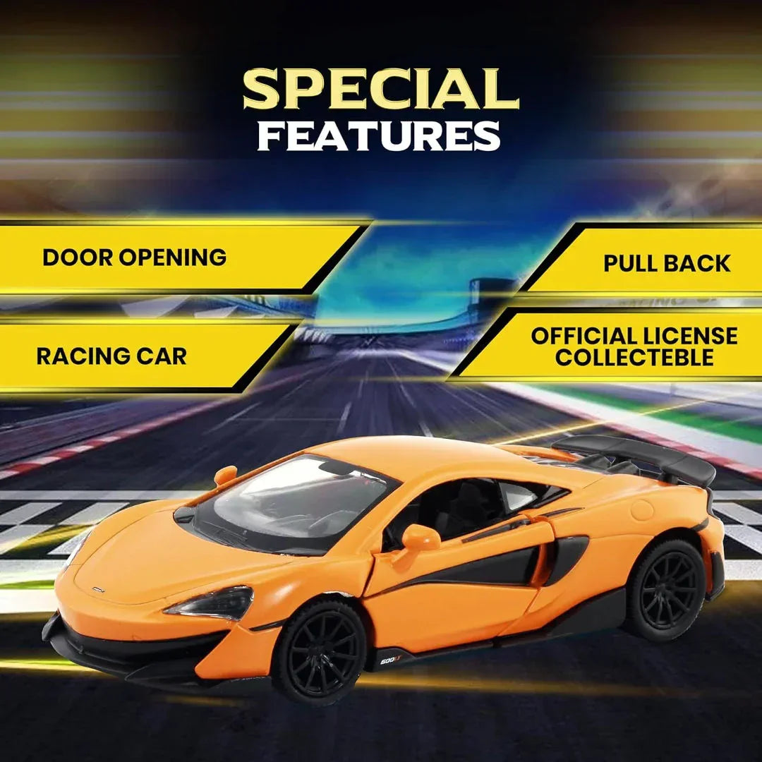 RMZ City 1:36 McLaren 600LT Diecast Car Model – Opening Doors, Pull Back Metal Body Supercar (Blue & Orange Variants)