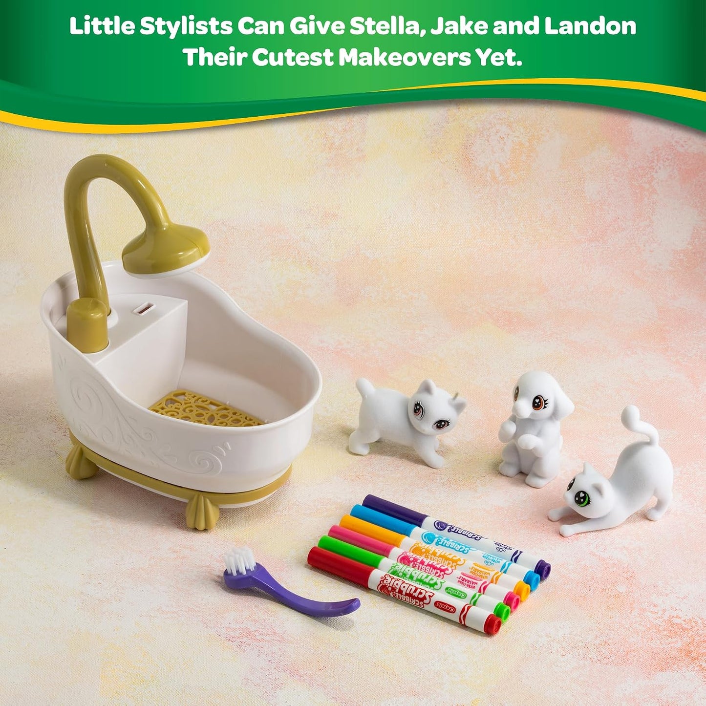 Luxor Crayola Scribble Scrubbie Pets Glam Pack Playset, 3 Washable Pets, 6 Markers, 1 Bathtub & 1 Scrub Brush, Non-Toxic, Gift for Kids