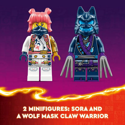 LEGO minifigures Sora and Wolf Mask Claw Warrior with colorful details on purple background