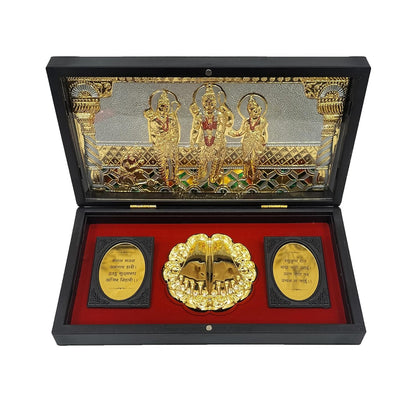 Jai Shree Ram Wooden Shagun Gift Box with Gold-Plated Ram Darbar & Charan Paduka | Premium Spiritual Return Gift Box for Wedding, Housewarming & Festivals