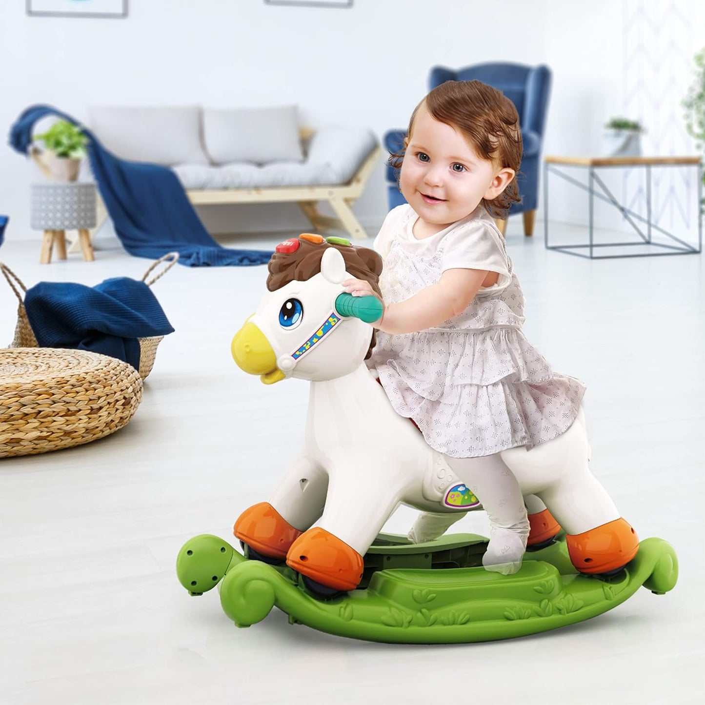Hola 2-in-1 Pony Ride-On & Rocking Horse Toy for Kids – Musical Baby Rocker with Lights, Learning Buttons & Wheels