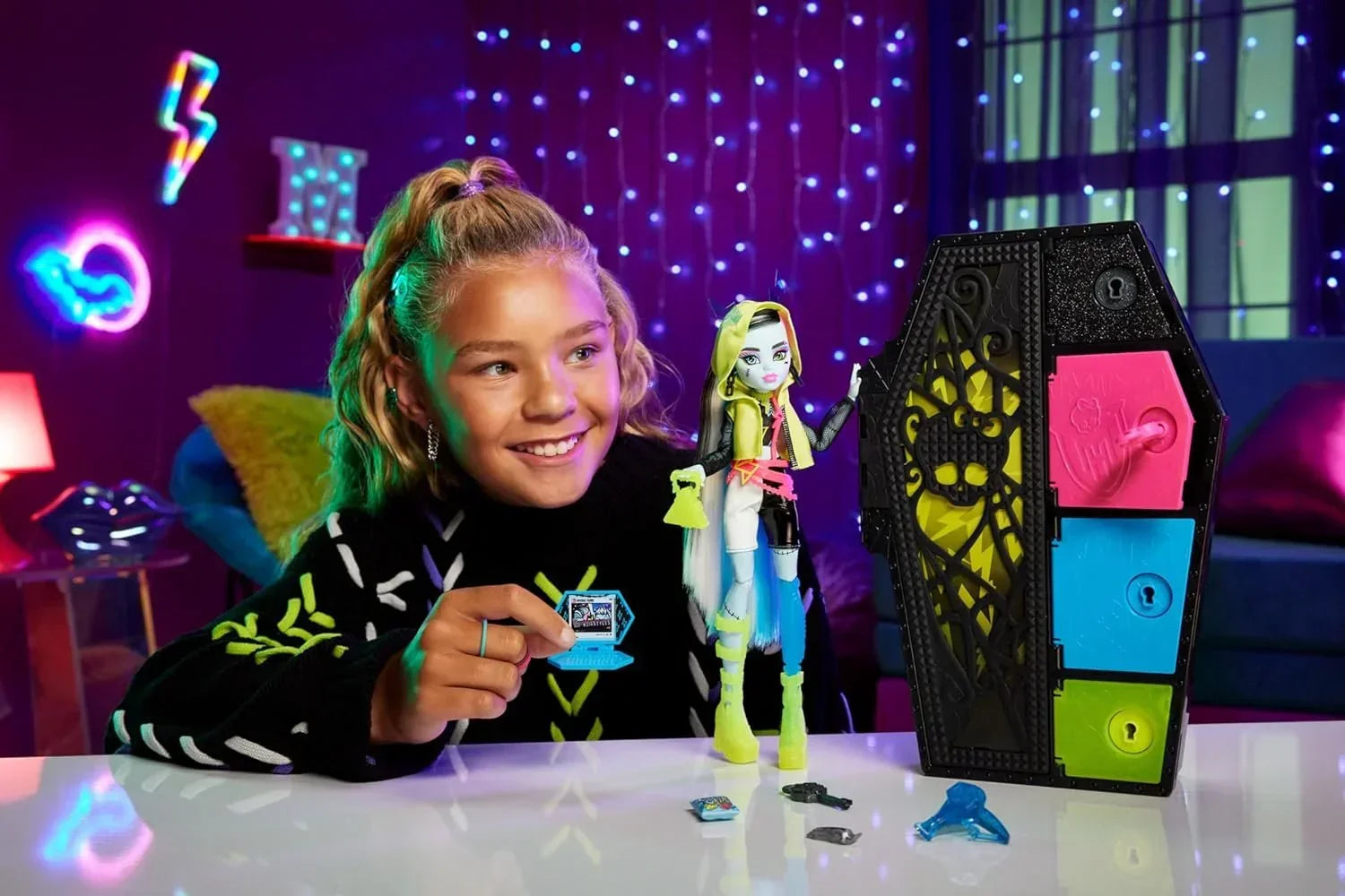 Monster High Doll and Fashion Set, Frankie Stein Doll, Skulltimate Secrets: Neon Frights, Dress-Up Locker with 19+ Surprises - Jaiman Toys