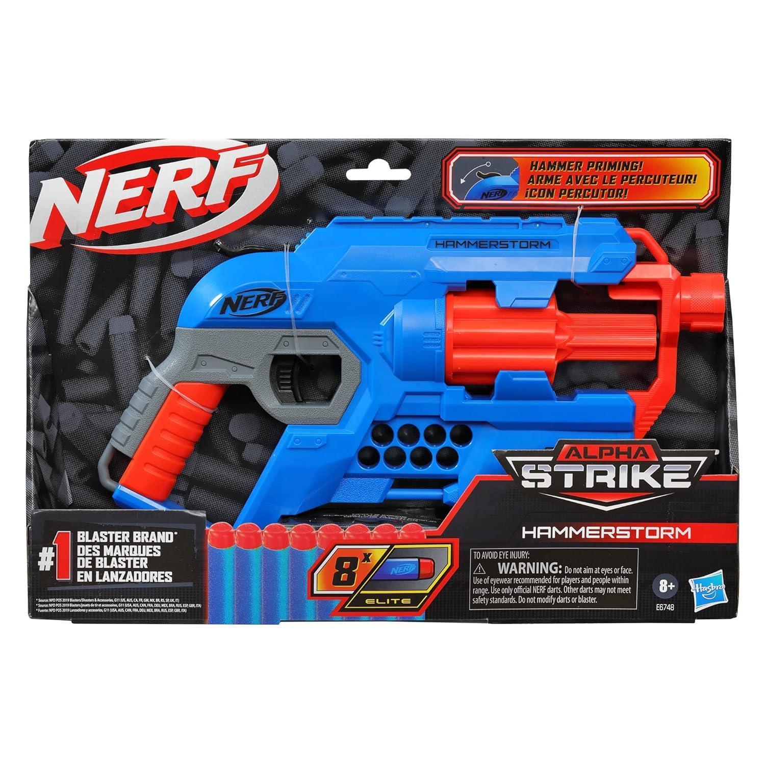 Nerf Alpha Strike Hammerstorm Blaster – Hammer-Priming Action, Rotating 8-Dart Drum, 8 Official Nerf Elite Darts – for Children, Teens, Adults, Multicolor (E6748) - Jaiman Toys