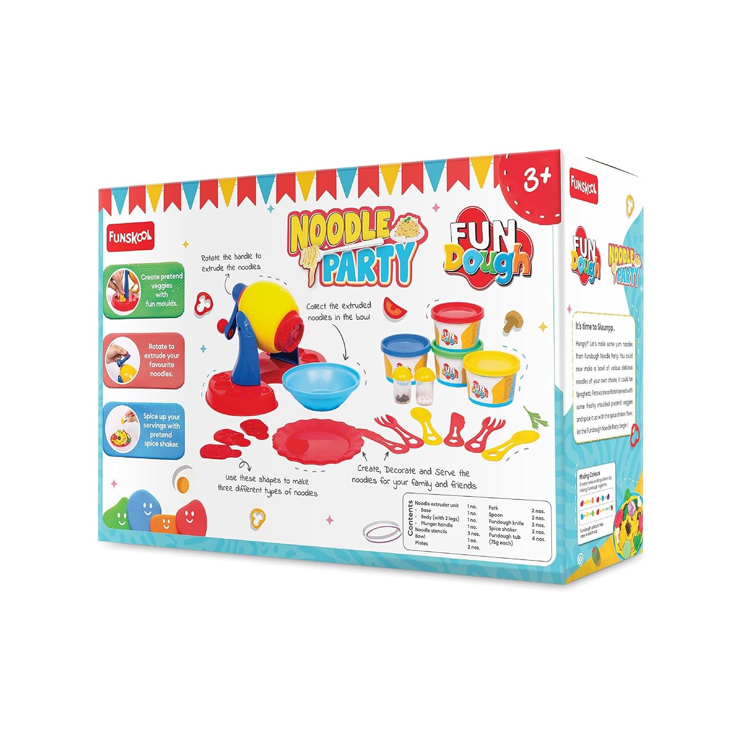 Funskool FunDough Noodle Party Playset | Dough Noodle Maker with 4 Dough Tubs & Accessories | Creative Pretend Food Play for Kids 3+