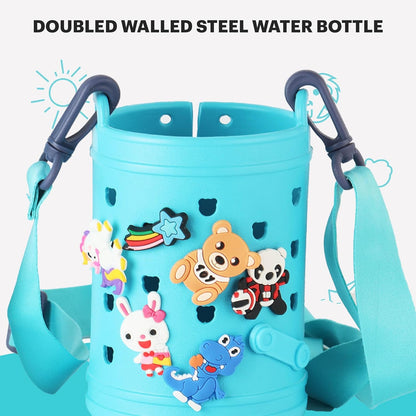 Kids Insulated Water Bottle with Carry Pouch – Leakproof Stainless Steel School Bottle with Strap (Cartoon Design)
