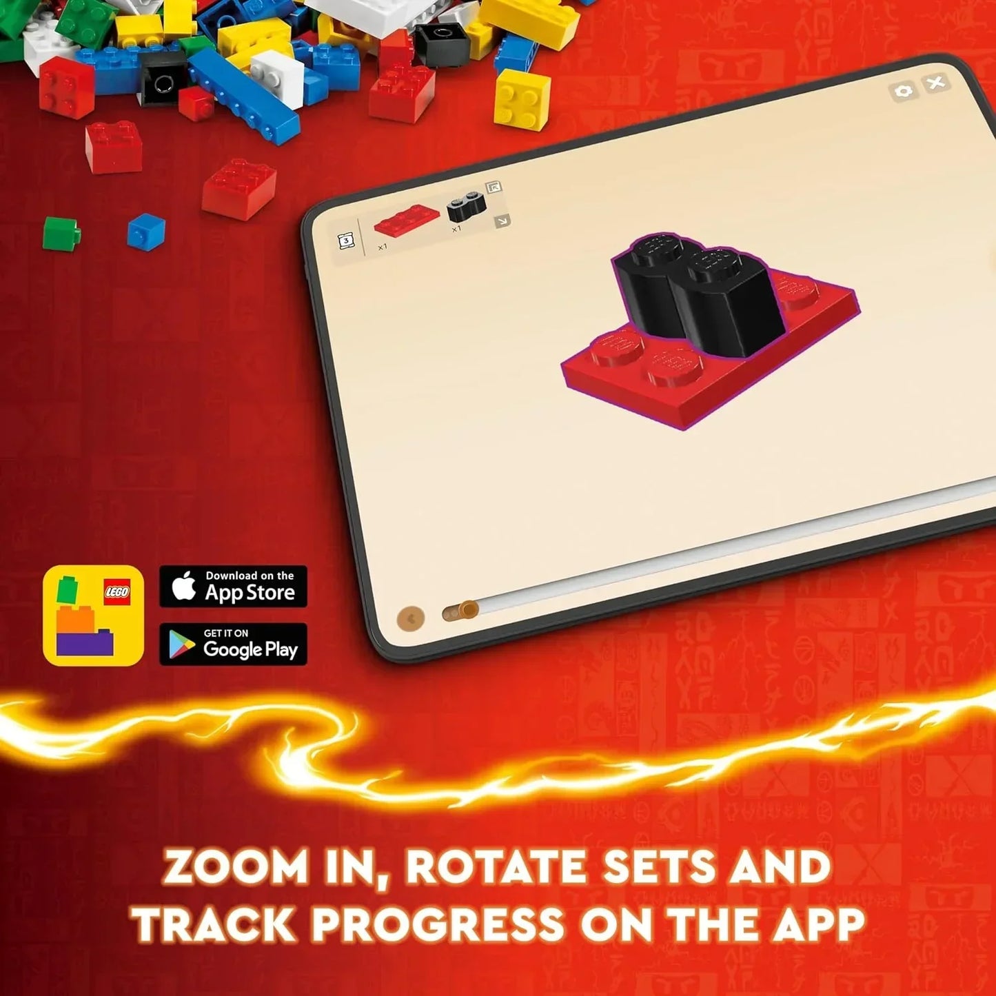 Tablet displaying LEGO building instructions app with colorful LEGO bricks on red background.