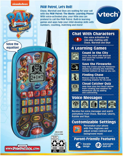 VTech PAW Patrol: The Movie Learning Phone, Blue | Interactive Educational Toy Phone with Voice Chat, 4 Learning Activities & Character Buttons for Kids