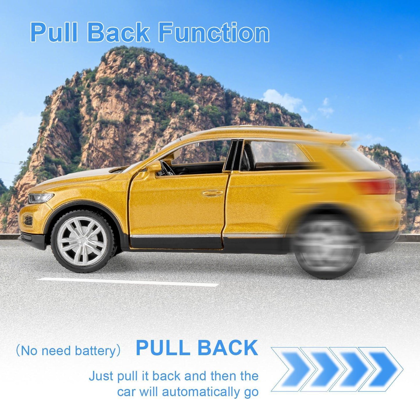 RMZ City Volkswagen T-Roc SUV 1:36 Die-Cast Car | Pull Back & Go | Openable Doors | Blue / Gold