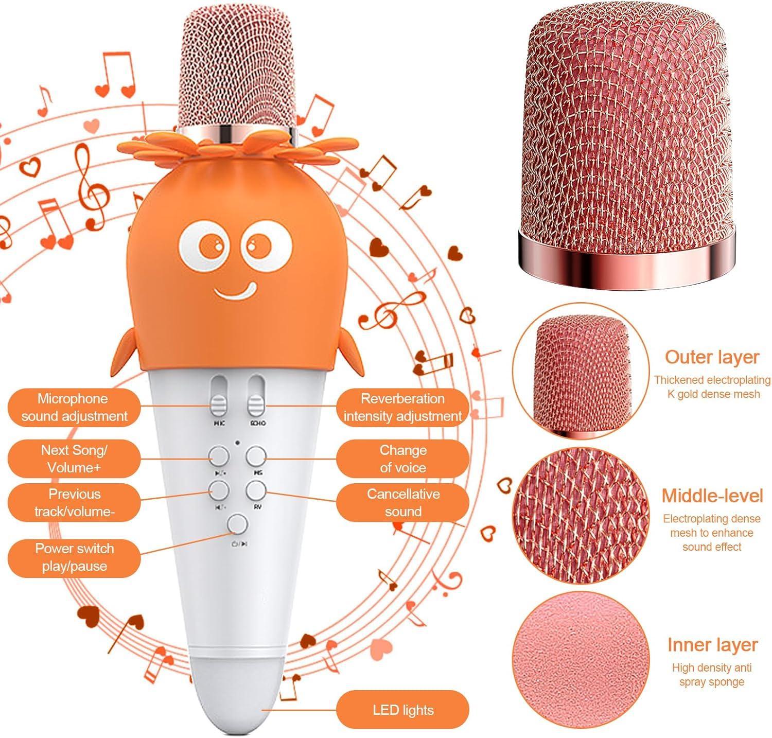 Wireless Bluetooth Karaoke Microphone, Portable 4D Stereo Mircophone with LED 7 Colorful Light, Intelligent Sound Repair Mic Speaker (Orange) - Jaiman Toys