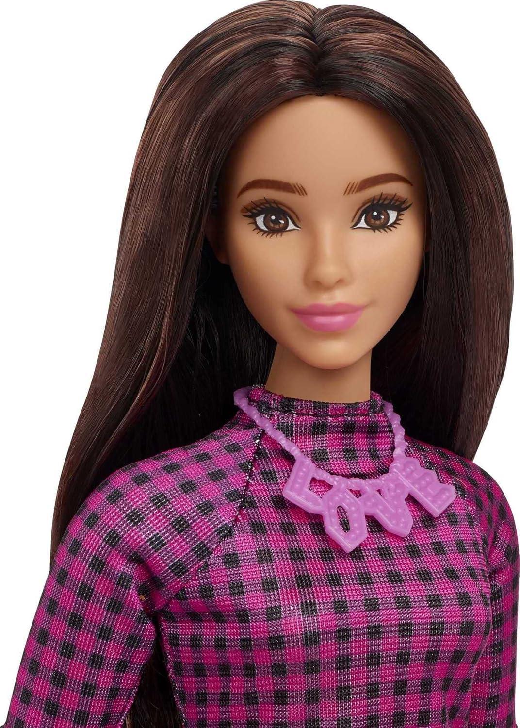 Barbie Fashionistas Doll #188, Curvy, Black Hair, Pink & Black Checkered Dress, Love Necklace, Pink Sneakers, Toy for Kids Ages 3 and Up - Jaiman Toys