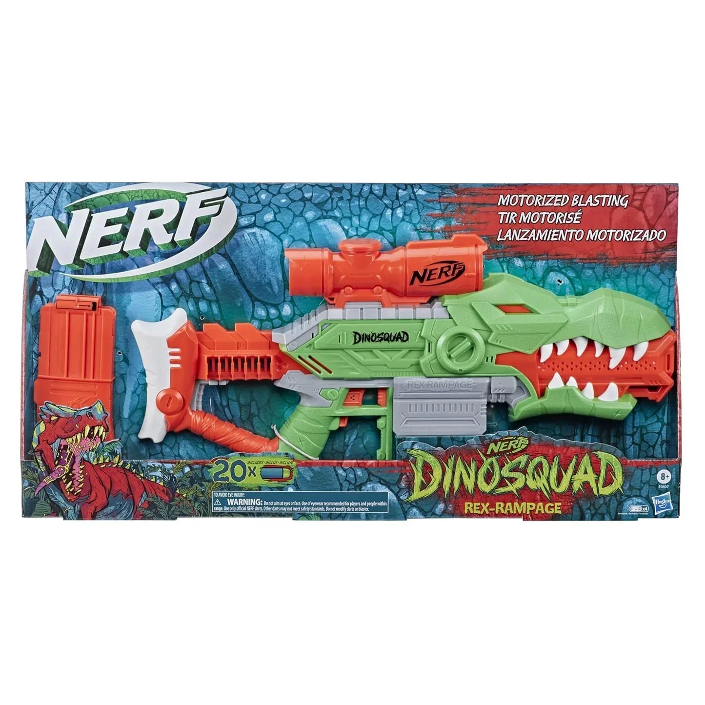 Nerf DinoSquad Rex-Rampage Motorized Dart Blaster, 10-Dart Clip, 20 Official Darts, 10-Dart Storage- T-Rex Dinosaur Design - Jaiman Toys