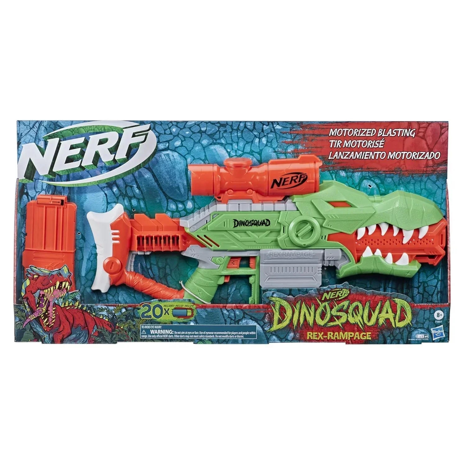 Nerf DinoSquad Rex-Rampage Motorized Dart Blaster, 10-Dart Clip, 20 Official Darts, 10-Dart Storage- T-Rex Dinosaur Design - Jaiman Toys