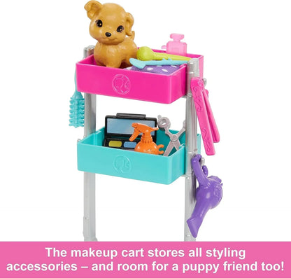 Barbie “Malibu” Stylist Doll & 14 Accessories Playset, Hair & Makeup Theme with Puppy & Styling Cart - Jaiman Toys
