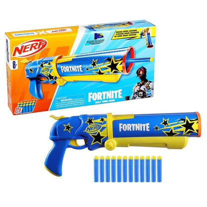 Nerf Fortnite Half Tone Hero Blaster, Bonus Code to Unlock Half Tone Hero Wrap in The Game, Break Open Loading, 12 Nerf Elite Darts - Jaiman Toys
