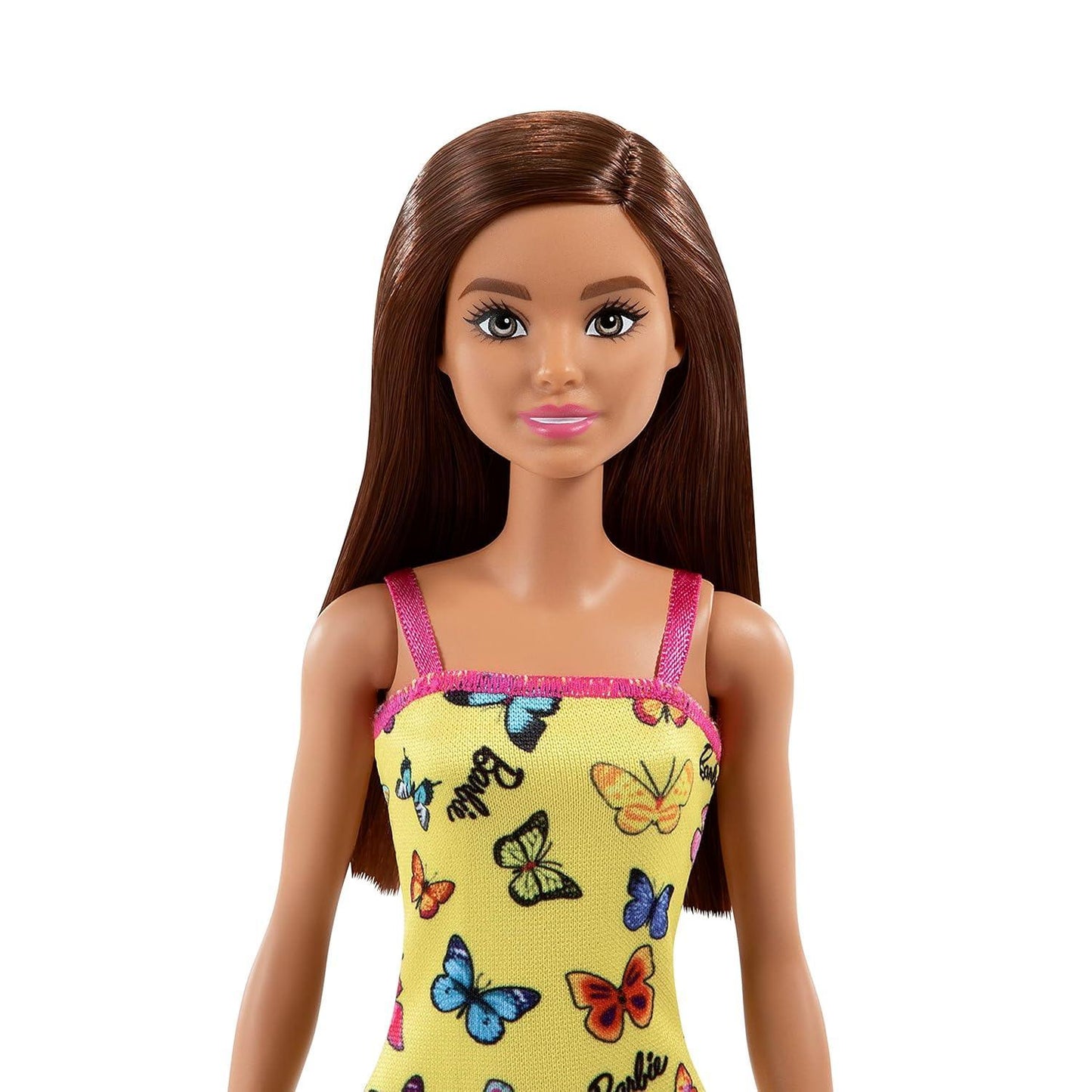 Barbie Doll (11.5 inches) with Colorful Butterfly Logo Print Yellow Dress & Strappy Heels, Great Gift for Ages 3 Years Old & Up - Jaiman Toys