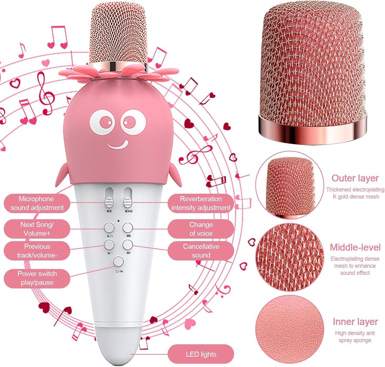Wireless Bluetooth Karaoke Microphone, Portable 4D Stereo Mircophone with LED 7 Colorful Light, Intelligent Sound Repair Mic Speaker (Pink) - Jaiman Toys
