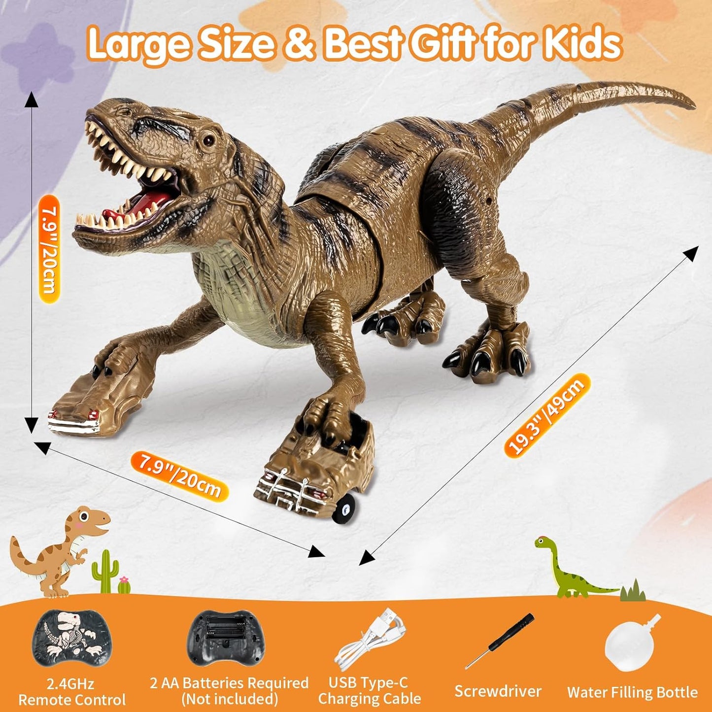 2.4GHz Remote Control T-Rex Dinosaur Toy with Mist Spray, Lights & Sound – Walking RC Robot Dinosaur with 360° Head Movement for Kids