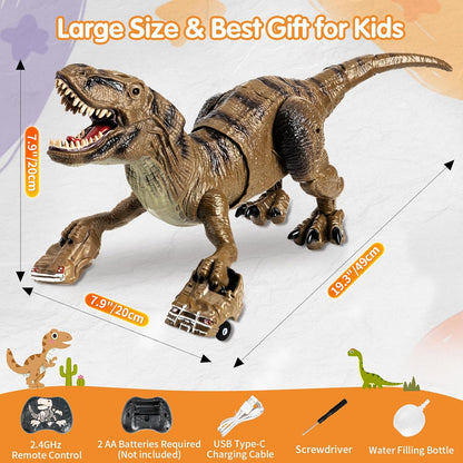 2.4GHz Remote Control T-Rex Dinosaur Toy with Mist Spray, Lights & Sound – Walking RC Robot Dinosaur with 360° Head Movement for Kids