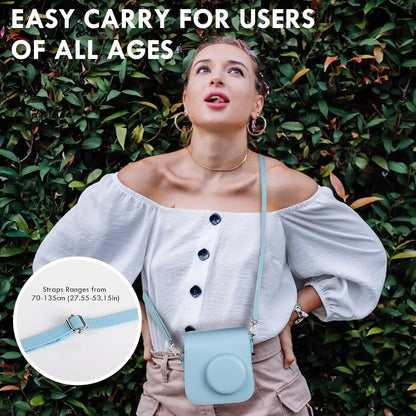 PU Leather Camera Case for Instax Mini SE – Protective Pouch with Adjustable Shoulder Strap - Blue - Jaiman Toys