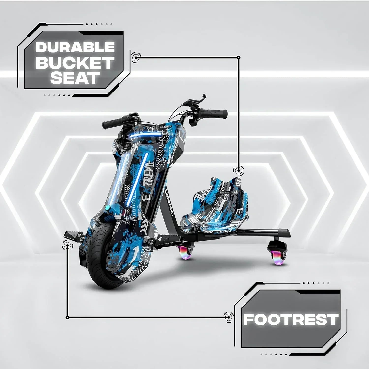 Uboard Blue 3-Wheel Drifter for Kids 6+: LED Lights, Bluetooth Front Disc Brakes - Jaiman Toys