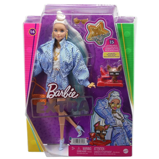 Barbie Doll and Accessories, Extra Fashion Doll with Platinum Blonde Hair and Blue Paisley-Print Jacket, Pet Chihuahua - Jaiman Toys