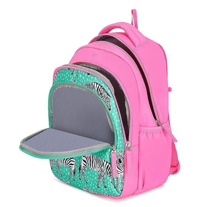 Genie Valerie Kids Backpacks, 15 inches, Cute, Colourful bags for girls, Water Resistant and Lightweight. 3 compartment with Happy Pouch - Jaiman Toys