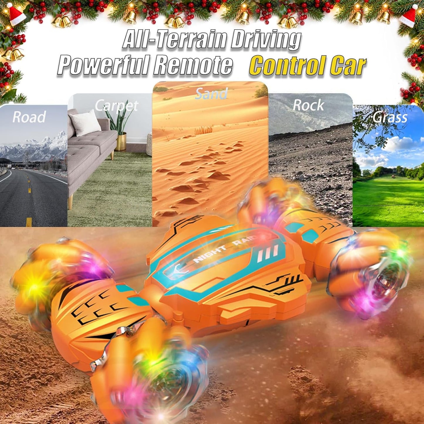 Night Raid 4WD RC Stunt Car – 2.4GHz Gesture Sensing Remote Control Car with Lights & Rotating Wheels (6+ Years)