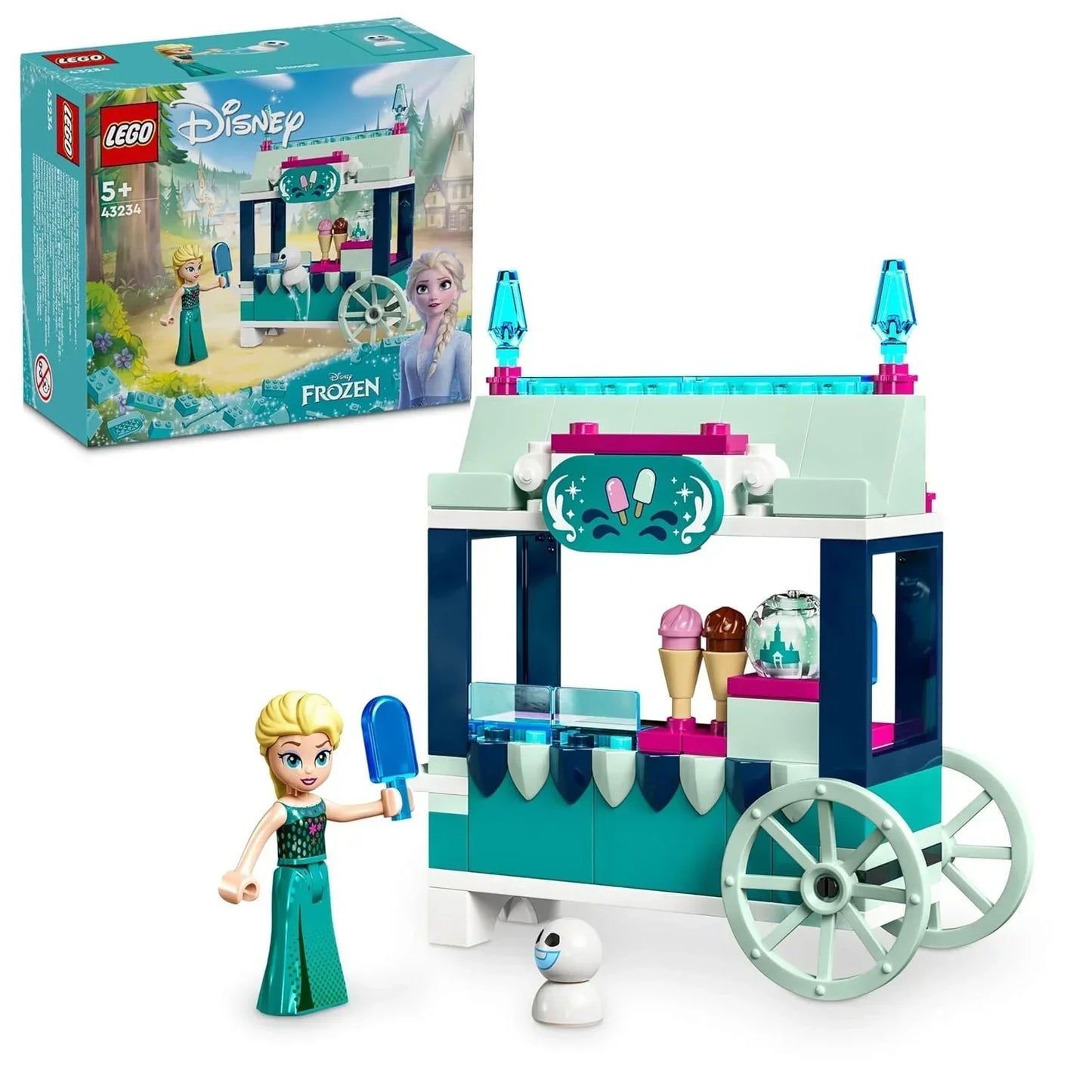 LEGO Disney Frozen Elsa ice cream cart building set with Elsa mini figure and snowman toy.