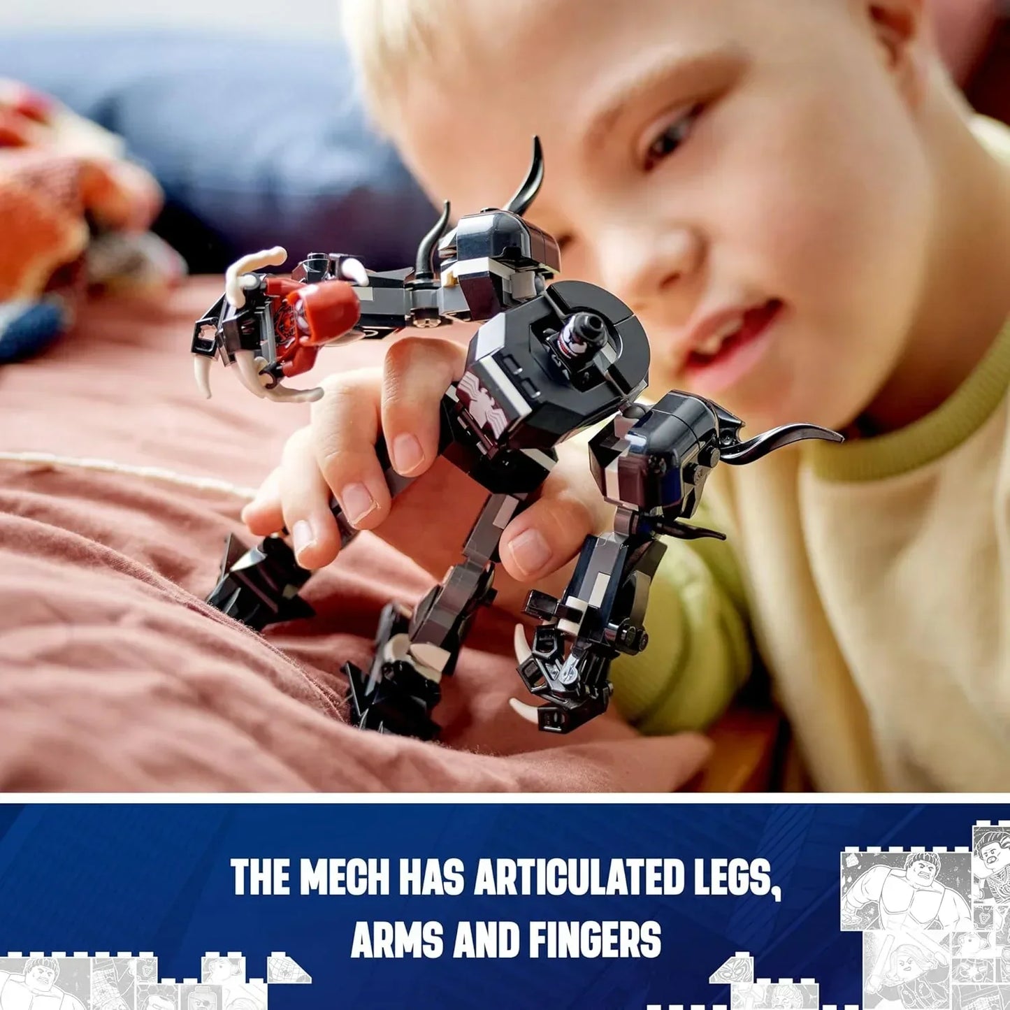 Child playing with articulated LEGO robot mech toy, movable arms and legs, on bed.