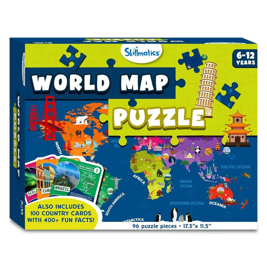 Skillmatics World Map Puzzle - 96 Piece Jigsaw Puzzle, Educational Toy, Geography for Kids, 400+ Facts, Gifts for Boys & Girls Ages 6 to 12 - Jaiman Toys