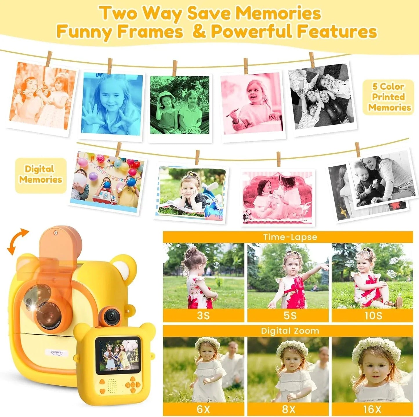 Instant Print Kids Camera – 48MP 1080P Video Toy with Rotating Lens & 6 Rolls - Yellow
