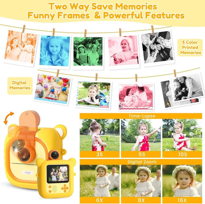Instant Print Kids Camera – 48MP 1080P Video Toy with Rotating Lens & 6 Rolls - Yellow