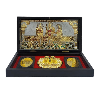 Jai Shree Ram Wooden Shagun Gift Box with Gold-Plated Ram Darbar & Charan Paduka | Premium Spiritual Return Gift Box for Wedding, Housewarming & Festivals
