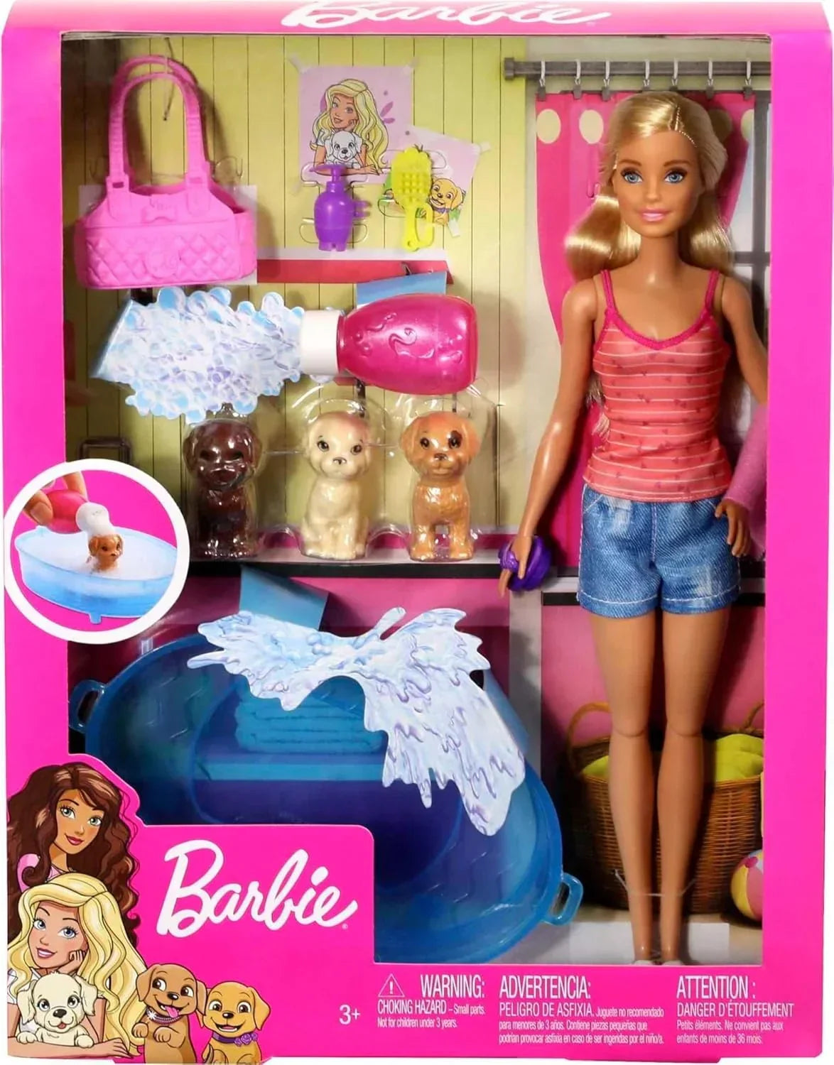 Barbie Doll, Blonde, and Playset with 3 Puppies, Bathtub and Accessories, Gift for 3 to 7 Year Olds - Jaiman Toys