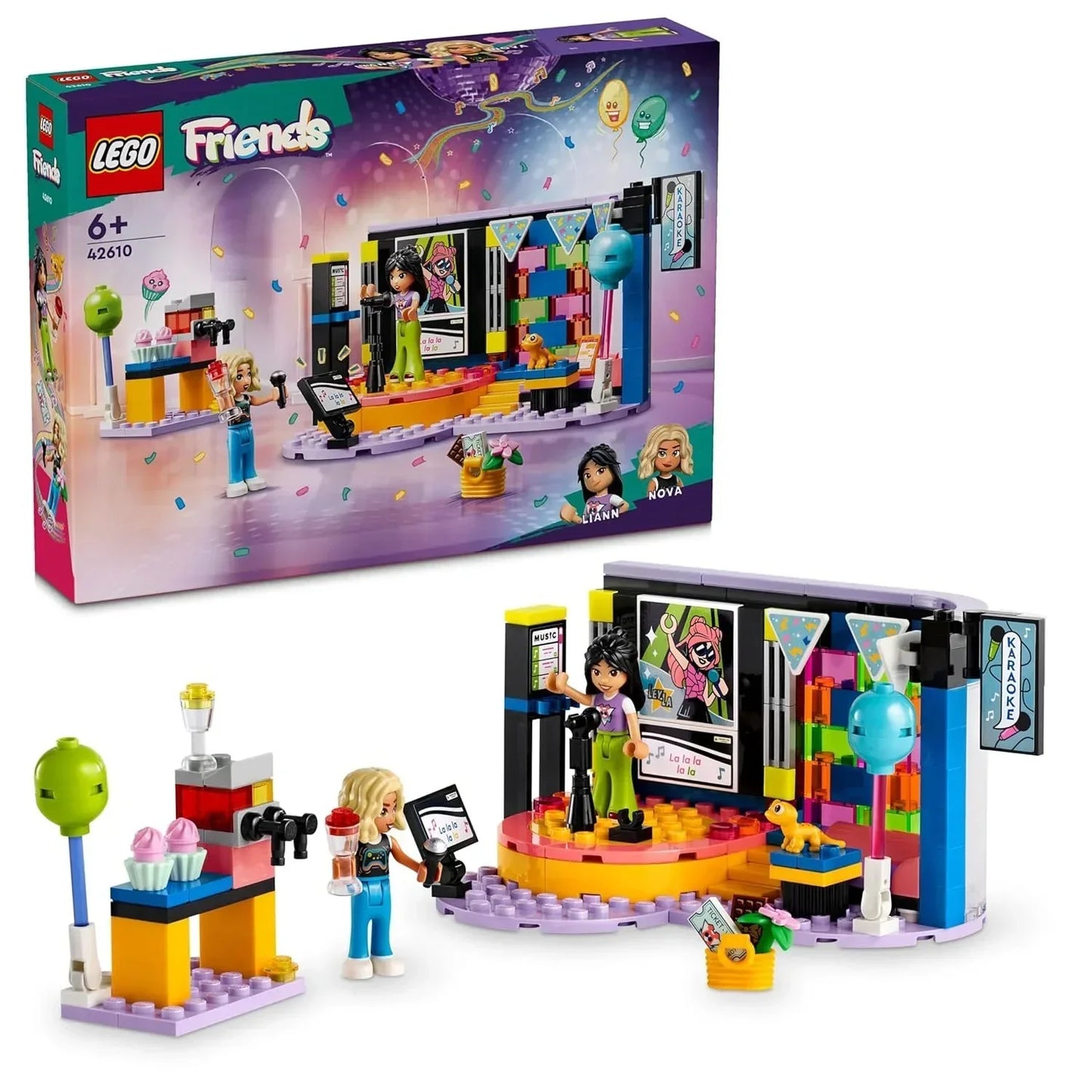LEGO Friends karaoke party playset with stage, musical accessories, and two mini-doll figures