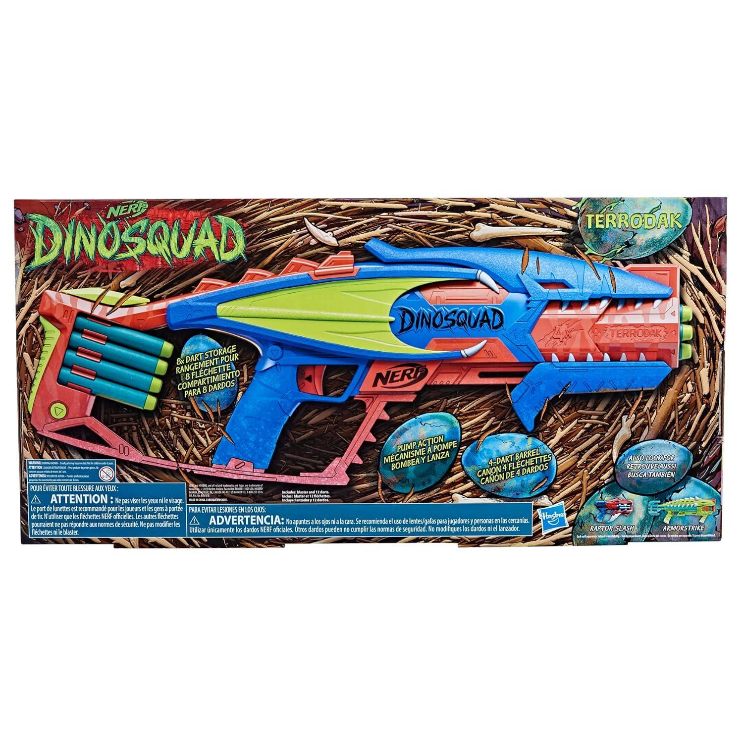 Nerf Dinosquad Terrodak, 4 Dart Blasting, Dart Storage, 12 Nerf Elite Darts, Dinosaur Design, Toy Foam Nerf Blaster for Kids - Jaiman Toys