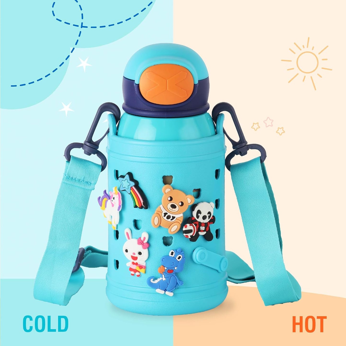 Kids Insulated Water Bottle with Carry Pouch – Leakproof Stainless Steel School Bottle with Strap (Cartoon Design)