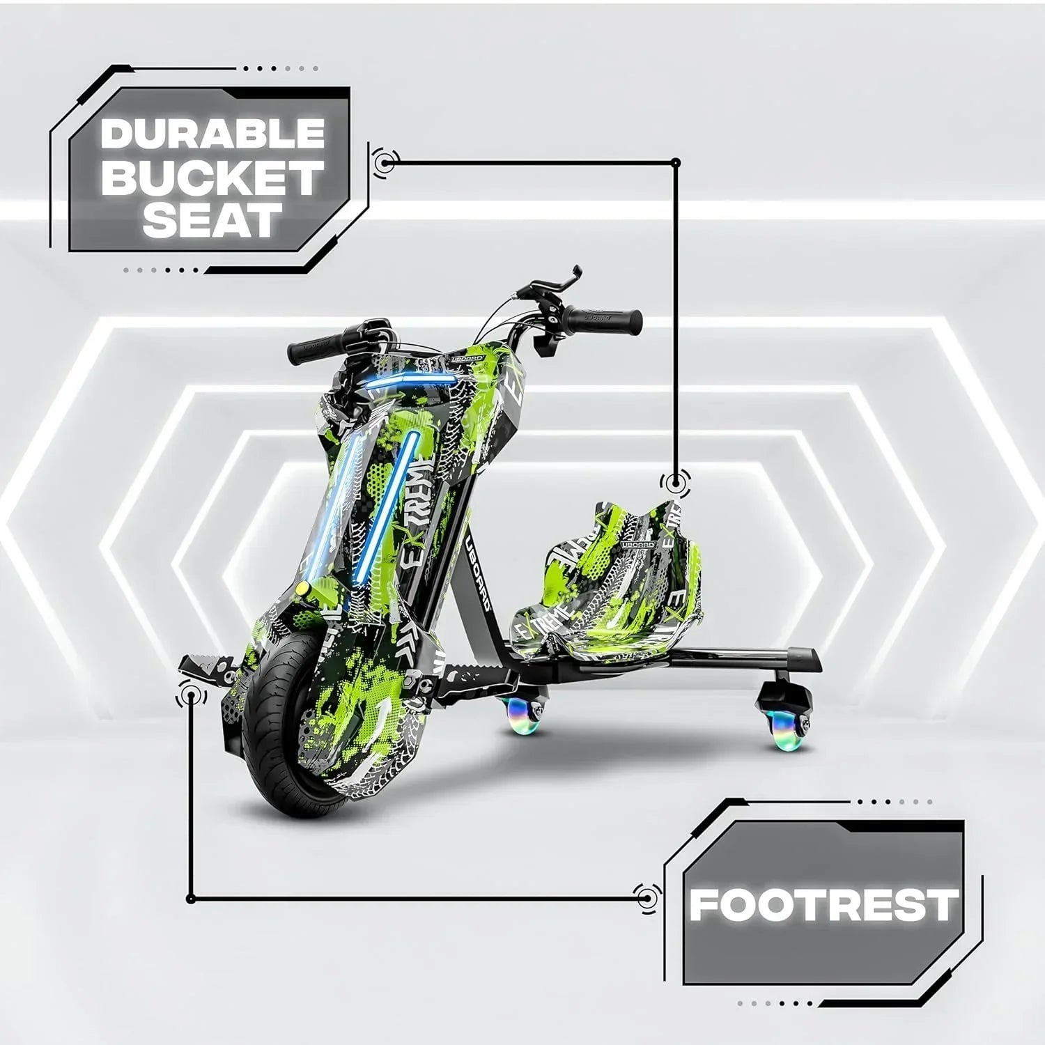 Uboard 3-Wheel Drifter for Kids 6+: LED Lights, Bluetooth, Front Disc Brakes - Jaiman Toys