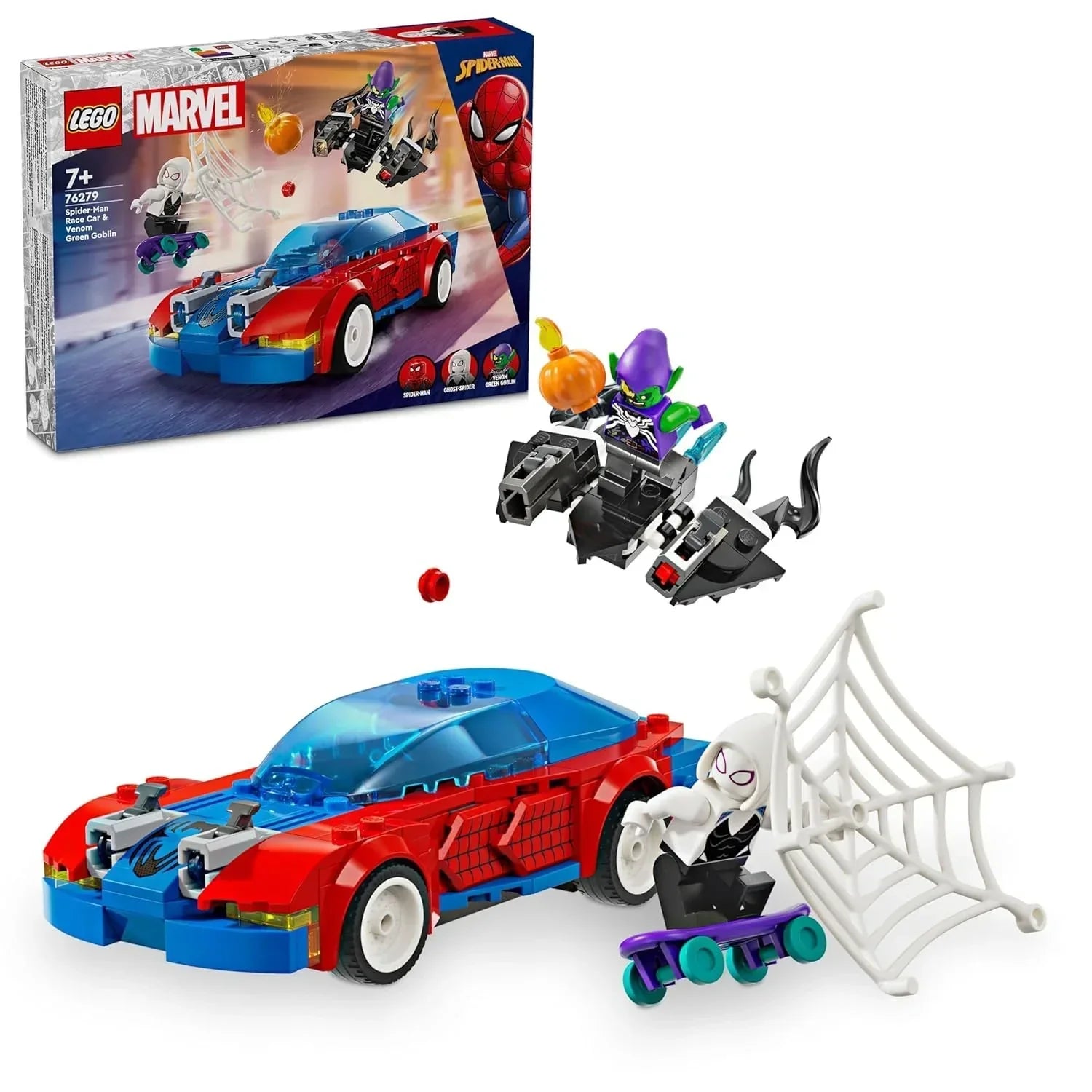 LEGO Spider-Man car set with minifigures, Goblin glider, and web accessory for kids.