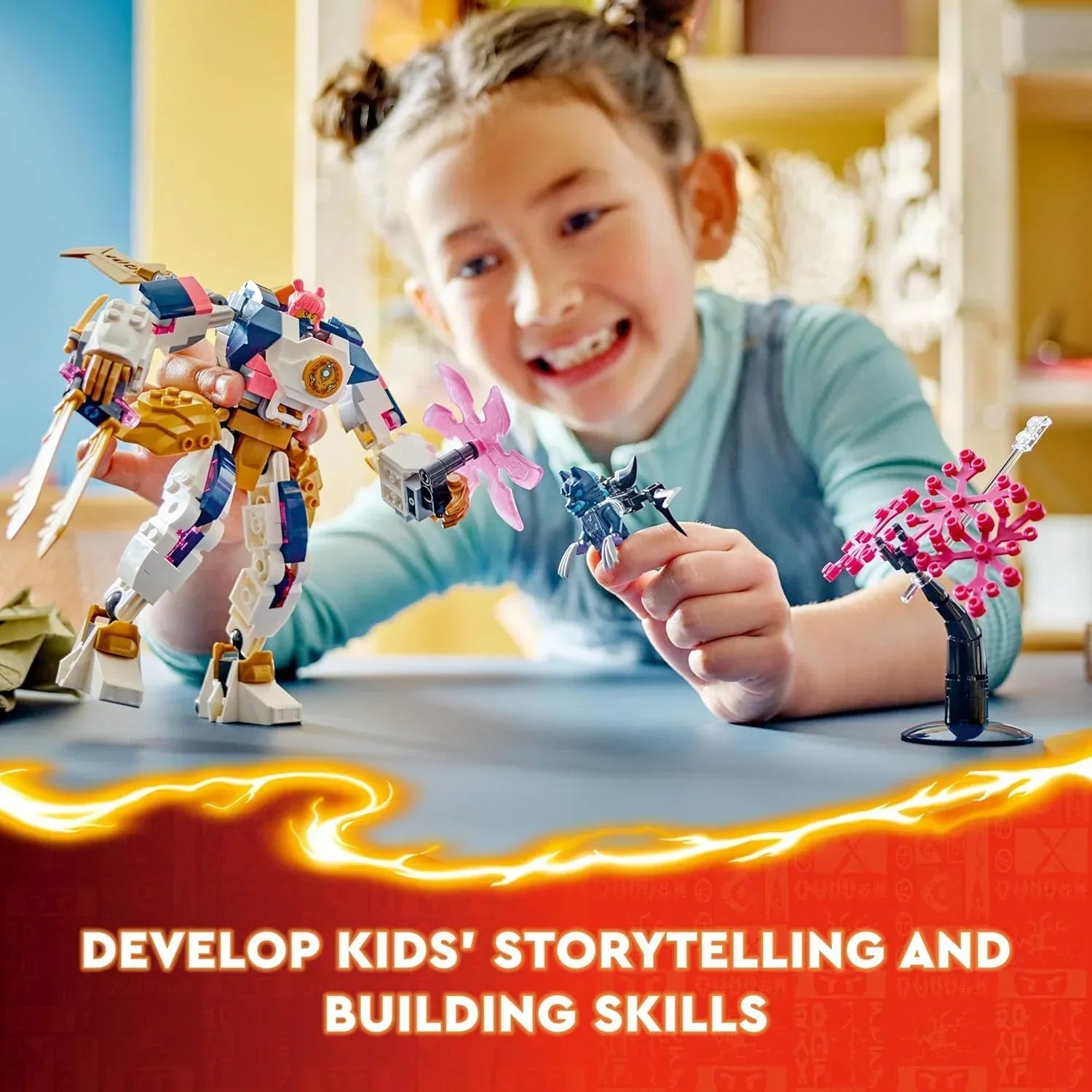 Child playing with colorful robot action figures and building blocks, encouraging creativity.