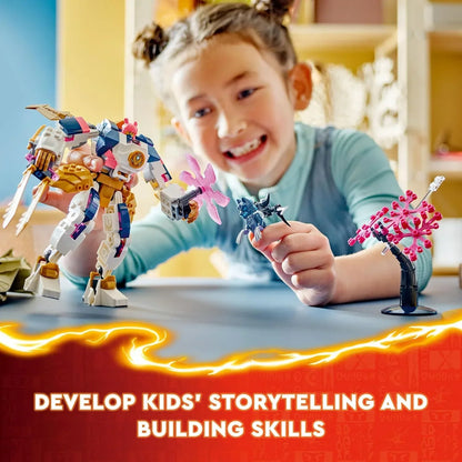 Child playing with colorful robot action figures and building blocks, encouraging creativity.