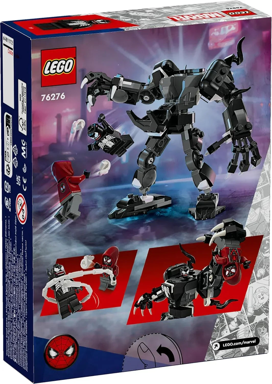 LEGO 76276 set box featuring a black Venom mech and Spider-Man minifigures in action.