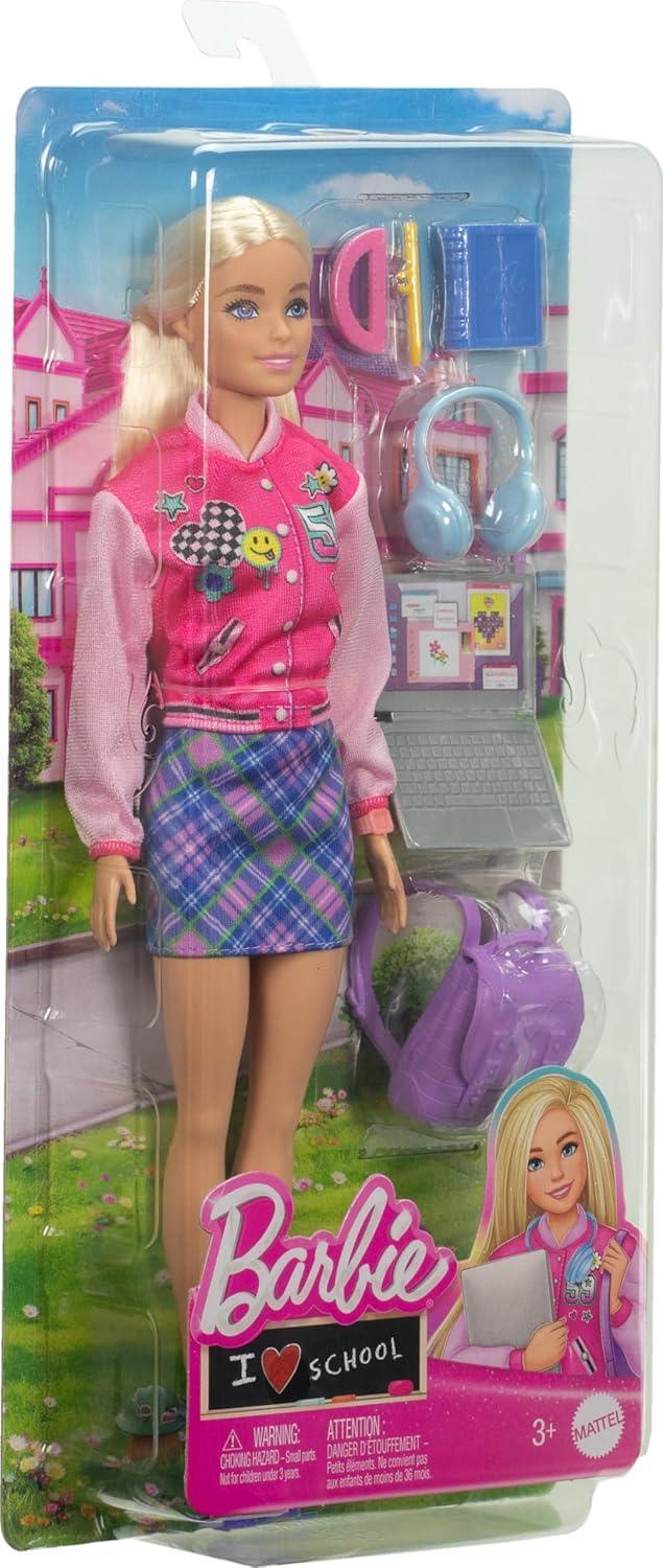 Barbie I Love School Doll & Accessories Toy Set, 7 Pieces Include Backpack, Laptop & More, Blonde Fashion Doll Wears Removable Look - Jaiman Toys
