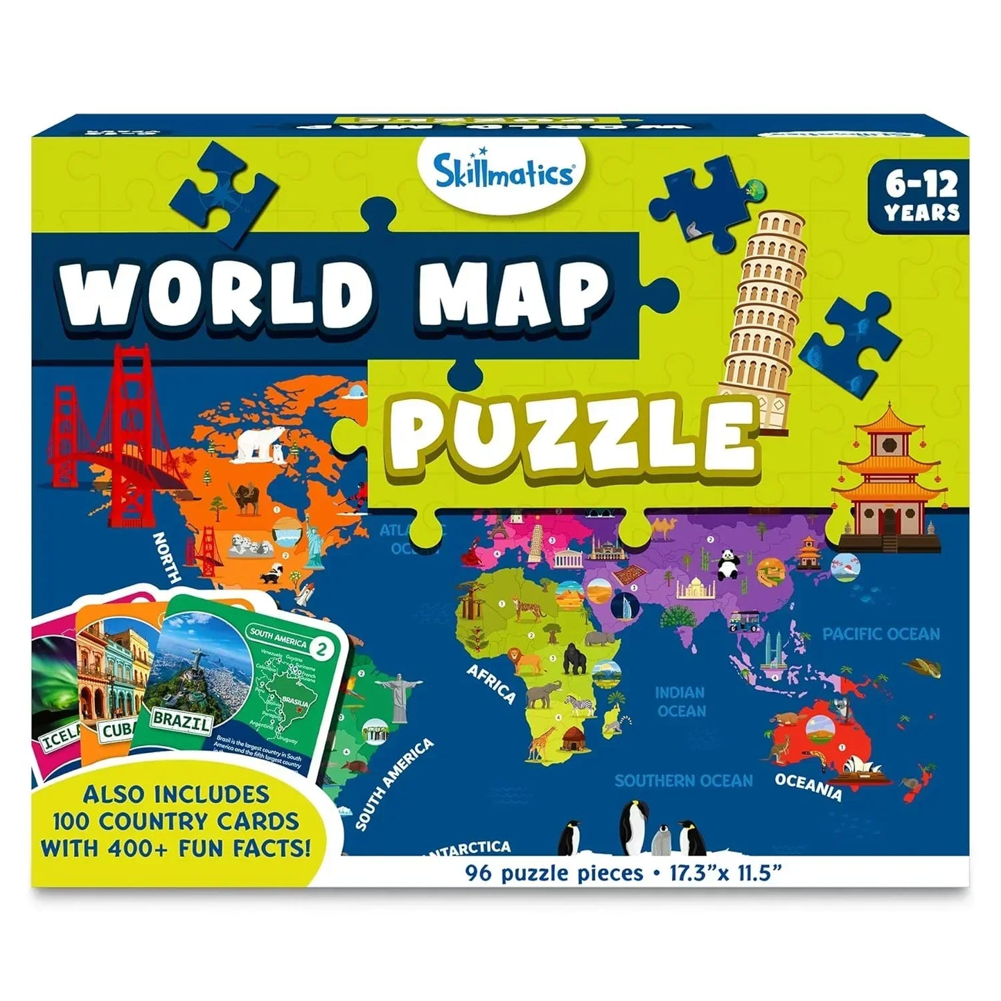 Skillmatics World Map Puzzle - 96 Piece Jigsaw Puzzle, Educational Toy, Geography for Kids, 400+ Facts, Gifts for Boys & Girls Ages 6 to 12 - Jaiman Toys