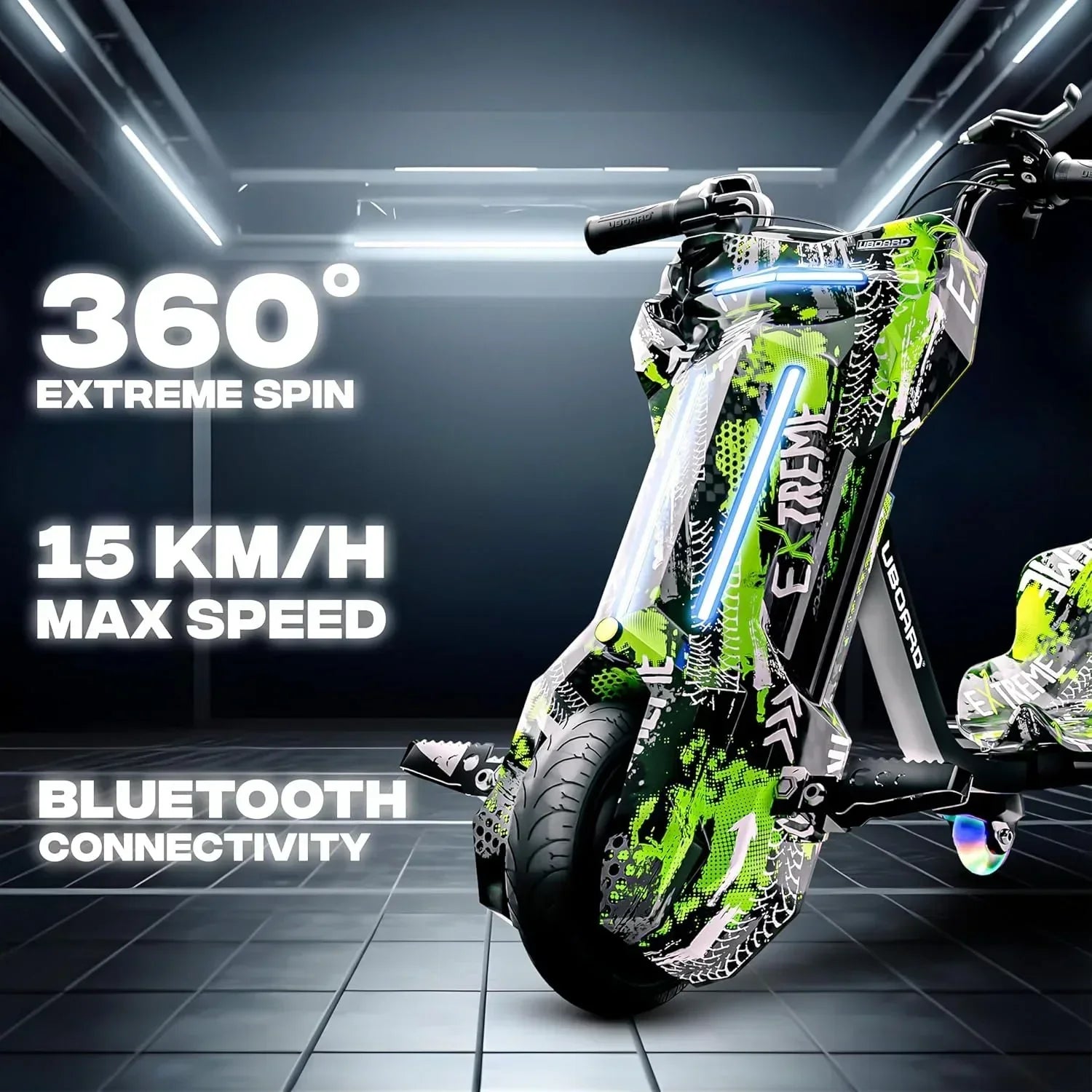 Uboard 3-Wheel Drifter for Kids 6+: LED Lights, Bluetooth, Front Disc Brakes - Jaiman Toys