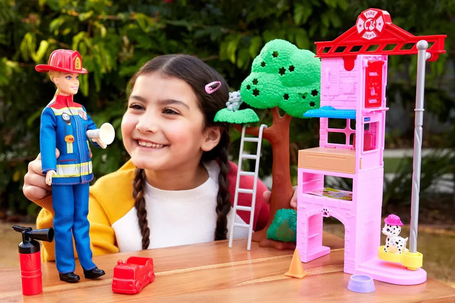 Barbie Careers Firefighter Doll & Playset with Fire Station & Tree, 2 Pets, Color-Change & 10+ Accessories Including Fire Extinguisher Squirt Toy - Jaiman Toys