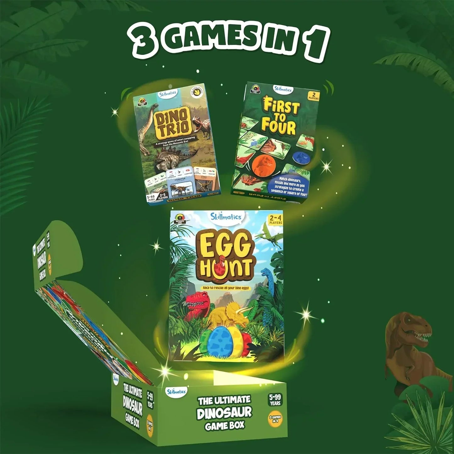 Skillmatics Ultimate Dinosaur Game Box - 3 Family Friendly Games in 1, Perfect for Kids Ages 5 and Up, Great Gift - Jaiman Toys