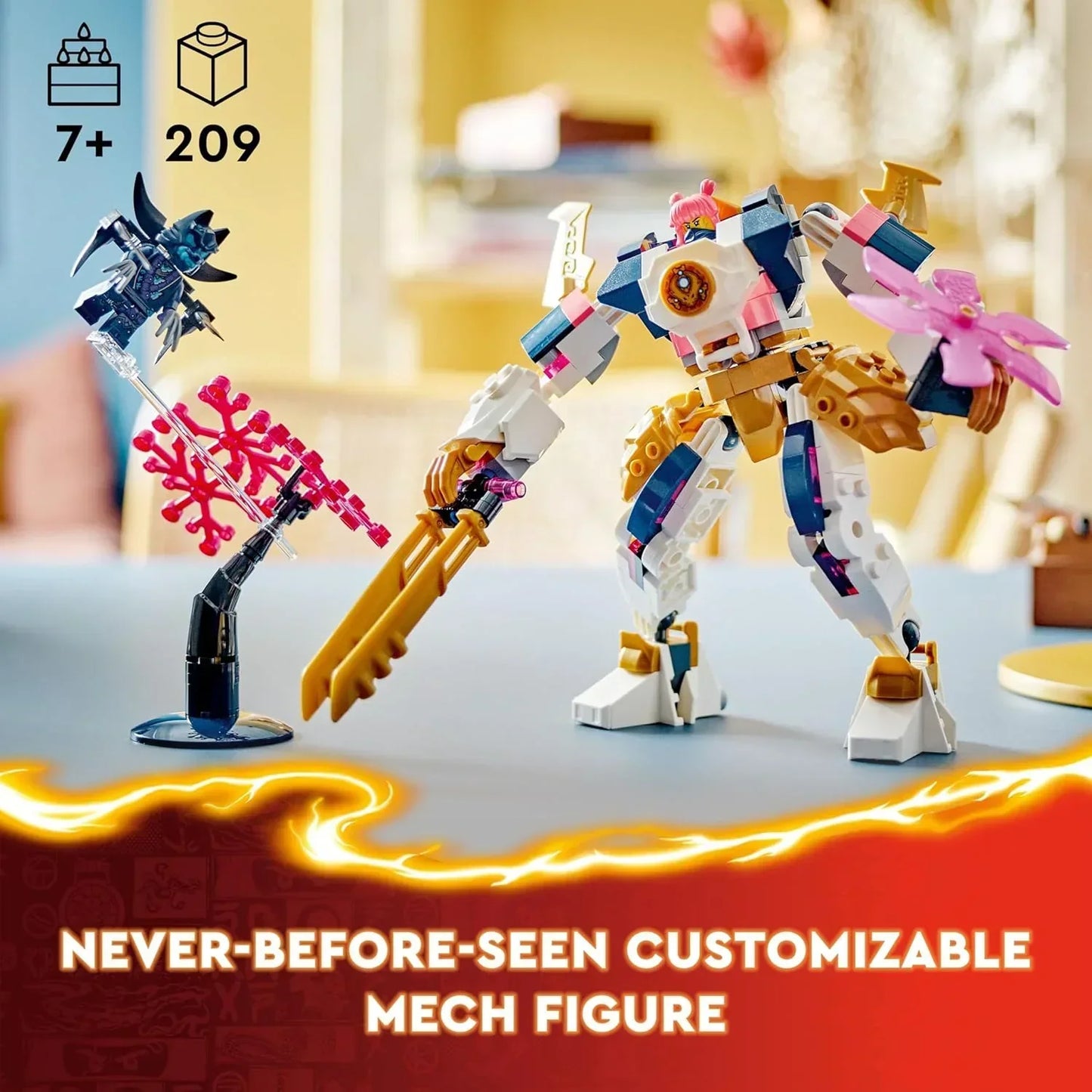 Customizable LEGO mech figure toy set with accessories, 209 pieces, for ages 7 and up.