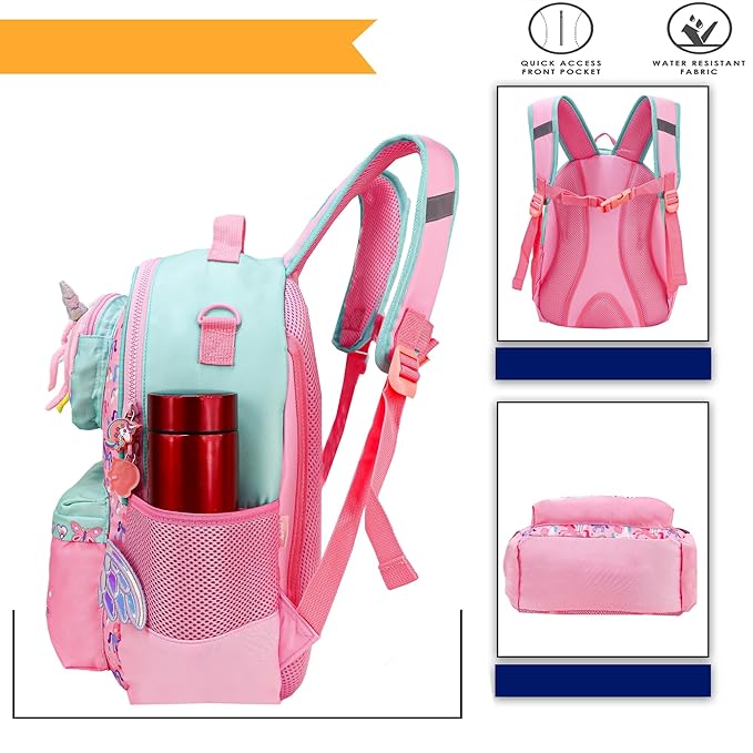 Unicorn School Backpack 15 Inch – Kids Cute Unicorn Wings School Bag for Girls with Side Bottle Pockets